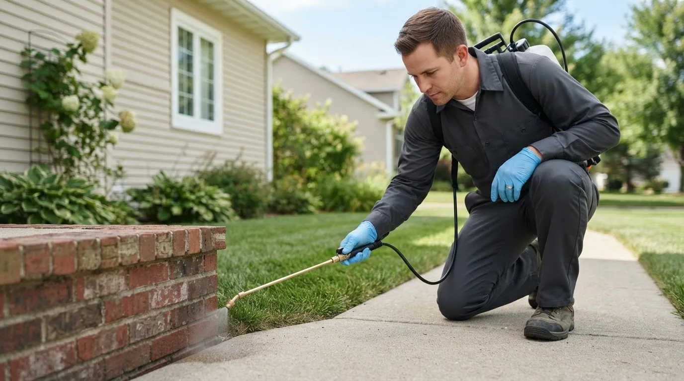 Pest control technician treating a home near Gaastra, MI