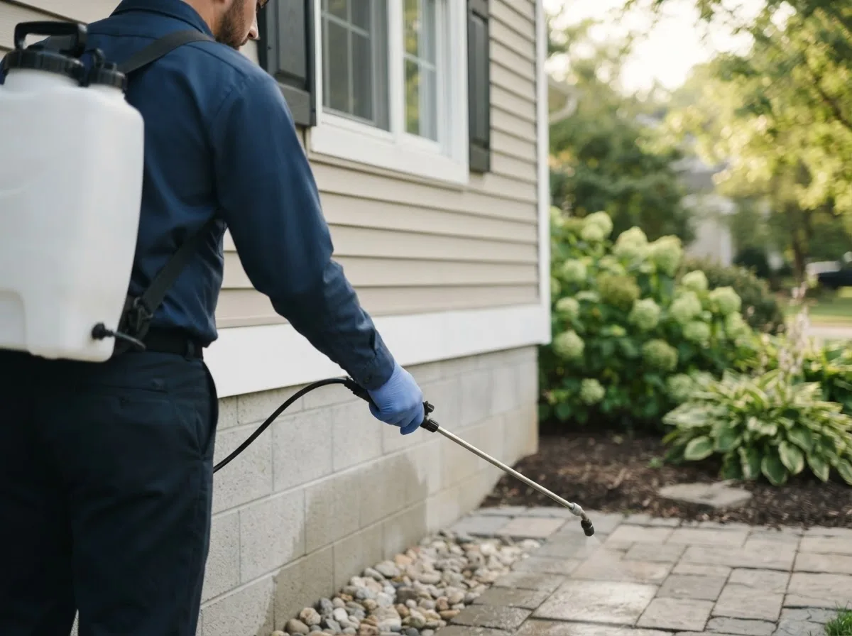 Pest control technician inspecting a home in Gaastra, MI